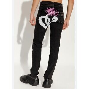 Authentic Dolce & Gabbana Skinny Jeans Mens Black Distressed Graffiti Logo Denim